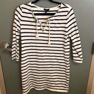White and navy blue striped dress